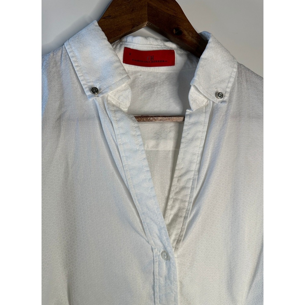Carolina Herrera White Button Down Shirt Jacquard Logo Pattern Sz 8 Quiet Luxury - Picture 3 of 13